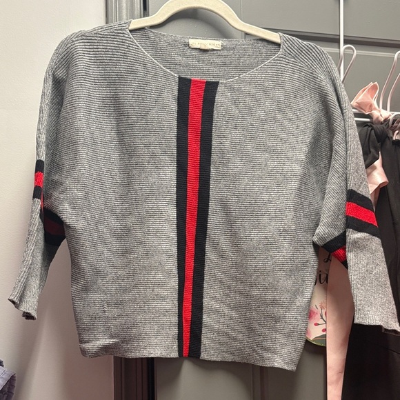 Grey Sweater with Red and Black Stripes rounded neckline NWOT - Picture 2 of 8